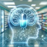 "Ilustração de um algoritmo de inteligência artificial analisando dados sobre efeitos colaterais de medicamentos antes da liberação comercial em cores vibrantes."